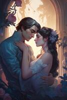 Fantasy image of a young man kissing a young woman photo