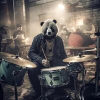 Panda character drumming for rock band photo