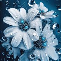 blanco mojado flores con azul antecedentes generativo ai foto