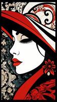 A black and red illustration art of girl face image photo