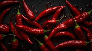 chilli Peppers on black background visible drops of water photo