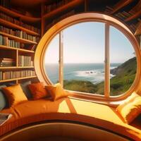 Completely circular window curved shelves gold theme photo