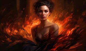 image of Digital painting of woman in fire photo