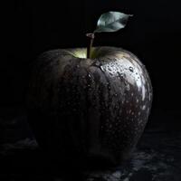 un negro manzana en negro antecedentes generativo ai foto