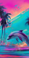 A dolphins jumping to palm trees colourful painting photo