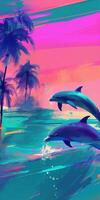 A dolphins jumping to palm trees colourful painting photo