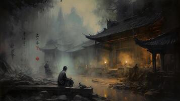 A domestic man of china sitting outside his house photo