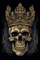 A skull with a kings crown on black background photo