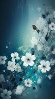 hermosa blanco flores con azul antecedentes anime generativo ai foto