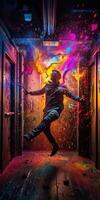 A man jumping into a paint splat trippy colorful photo