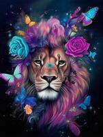 A painting of a lion with feathers and butterflies painting photo