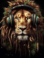 A lion with dreadlocks and headphones poster with black background photo