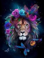 A painting of a lion with feathers and butterflies photo