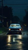 A realistic photograph of a classic 70s car on the road photo