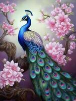 A painting of a beautiful peacock on a branch with pink flowers photo