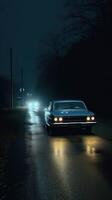 A realistic photograph of a classic 70s car photo