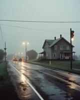 un realista fotografía de un lluvioso solitario la carretera a en Mañana generativo ai foto