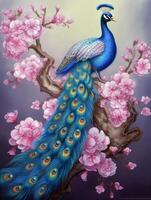 A painting of a peacock on a branch photo