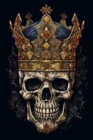 A skull with a kings crown on blue background photo