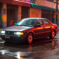 Amazing red car with neon light standing on the wet road photo