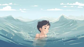 A young boy swimming in the sea cartoon image photo