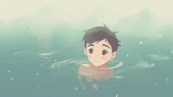 A young boy swimming in the sea cartoon anime image photo