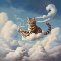 A magical cat flying on the clouds in the sky photo