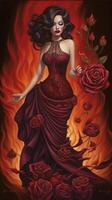 A flamenco women wearing a rose dress on fire photo