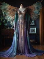 un hermosa ángel vestir con púrpura y azul alas generativo ai foto