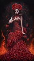 A flamenco women wearing a rose dress in the fire on dark background photo