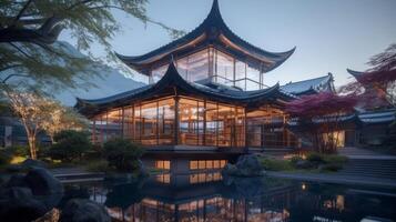A beautiful futuristic science fiction manor in traditional chinese style photo