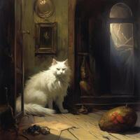 A heroic white cat in a haunted victorian house photo