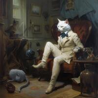 A heroic white cat character in a haunted victorian house photo