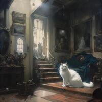 A heroic white cat in a haunted victorian house generative AI photo