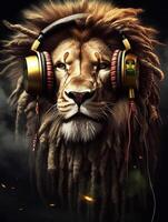 A lion with dreadlocks and headphones on poster photo