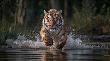 Tigre corriendo con un feroz expresión generativo ai foto