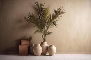 indoor view with pots and palm leaves photo