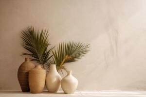 indoor view with pots and palm leaves photo