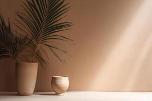 indoor view with pots and palm leaves photo