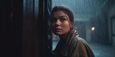 un hermosa niña tomando abrigo desde lluvia generativo ai foto