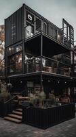 foto de un restaurante construido desde negro contenedores generativo ai