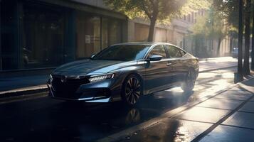 A beautiful dark color car on the road photo