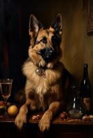 An oil painting of dog with glass of beer photo