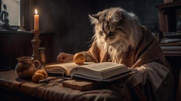 Anthropomorphic cat reading the book photo