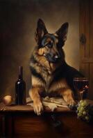 A dog with beer bottle and fruits oil painting photo