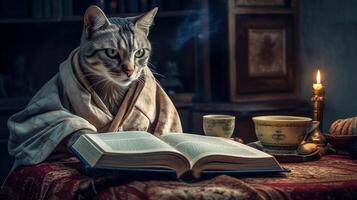 Anthropomorphic cat in a robe reading the book photo