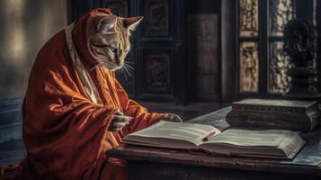 antropomórfico gato en un túnica leyendo el libro generativo ai foto