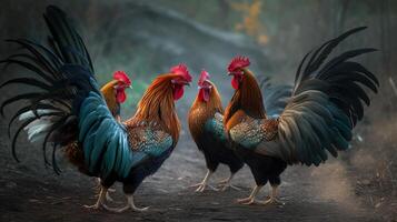 un grupo de gallo jugando juntos hd imagen generativo ai foto