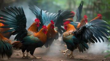 un grupo de gallo jugando juntos en la carretera generativo ai foto