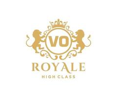 Golden Letter VO template logo Luxury gold letter with crown. Monogram alphabet . Beautiful royal initials letter. vector